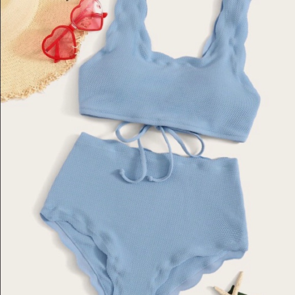 Scallop Trim Textured High Waisted Bikini Swimsuit